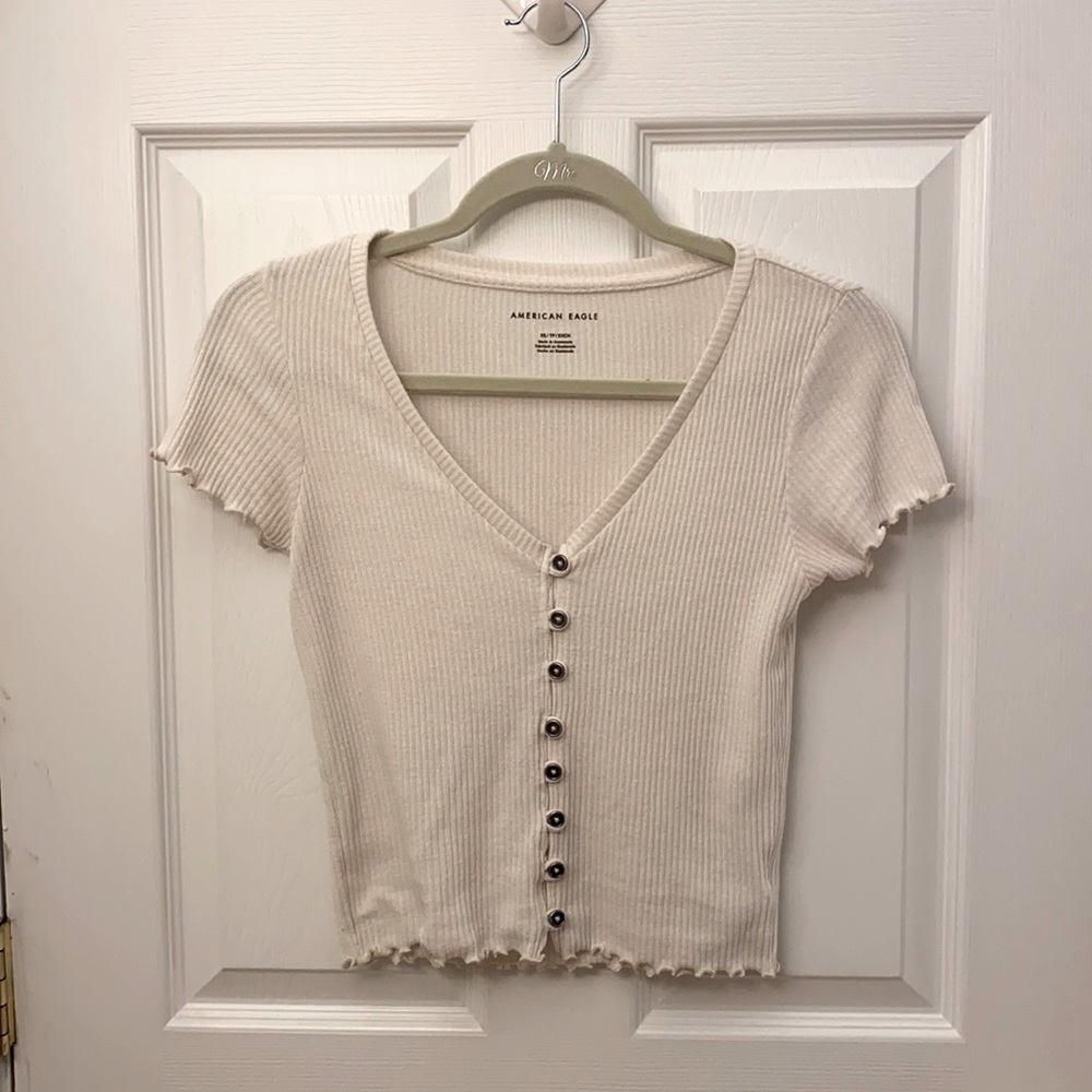 American Eagle White Ribbed Button Down Short Sleeve XS